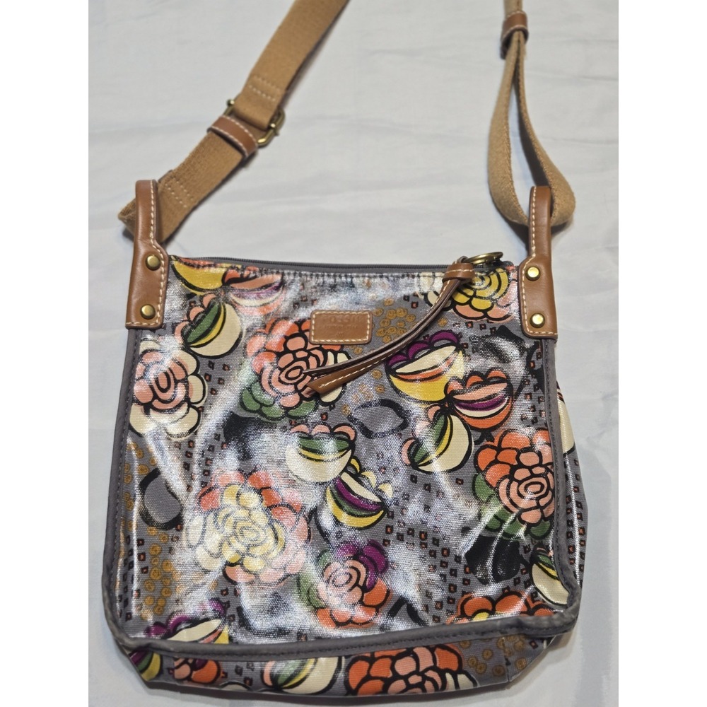 Vtg Fossil Key-Per Crossbody Bag Floral Grey Brown Oilcloth Medium Durable Zip - Picture 2 of 11